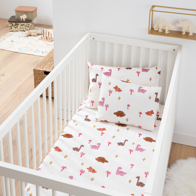 Dino Pop Pink Baby's Cotton Fitted Sheet, 17cm Flap - image 1