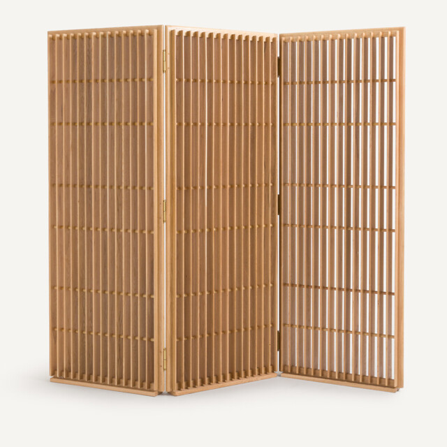 Byobu Solid Oak Openwork Room Divider with 3 Folding Panels - image 1