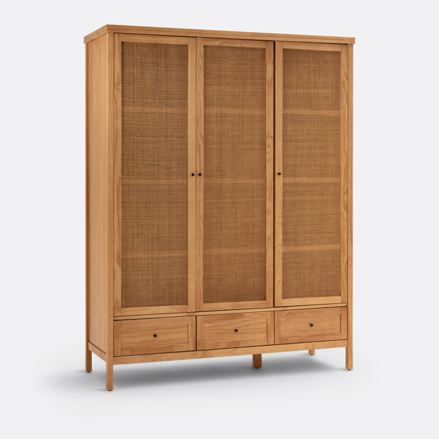 Gabin Solid Pine & Rattan Triple Wardrobe - image 1