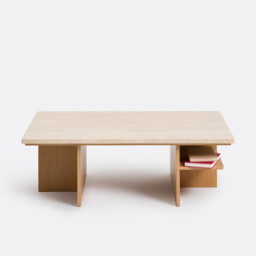 Caliste Travertine and Oak Veneer XL Coffee Table, 120cm Wide - thumbnail 2