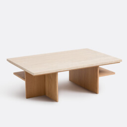 Caliste Travertine and Oak Veneer XL Coffee Table, 120cm Wide - thumbnail 1