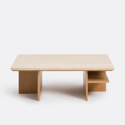 Caliste Travertine and Oak Veneer XL Coffee Table, 120cm Wide - thumbnail 3