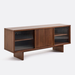 Dello 3-Door Sideboard in Walnut Veneer and Ribbed Glass - thumbnail 1