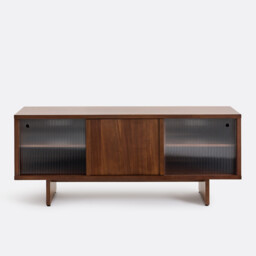 Dello 3-Door Sideboard in Walnut Veneer and Ribbed Glass - thumbnail 3