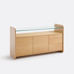 Ericson Oak Veneer Sideboard with Tempered Glass Top, 2 Doors and 3 Drawers - thumbnail 1