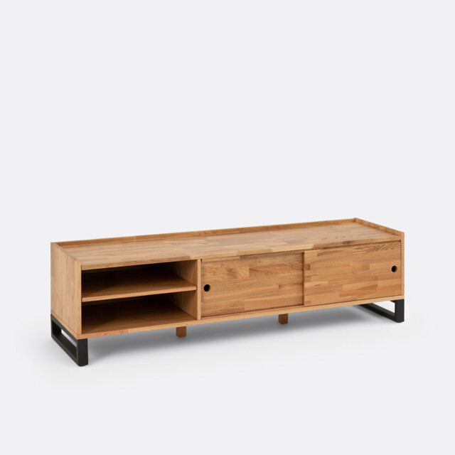 Hiba TV Bench in Solid Oak, Oak Veneer and Steel - image 1