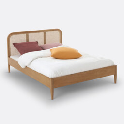 Madara Oak Veneer Rattan Cane Bed with Headboard and Bed Base - thumbnail 1