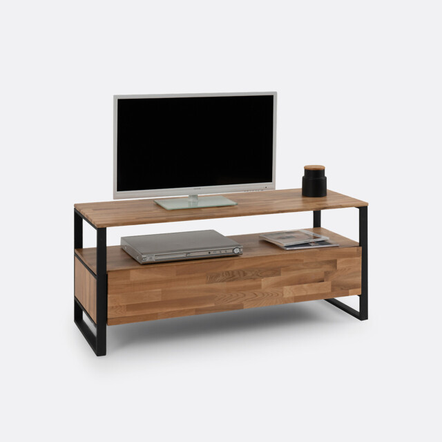 Hiba TV Bench in Solid Oak, Oak Veneer and Steel - image 1