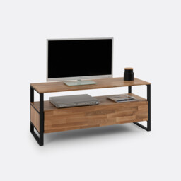 Hiba TV Bench in Solid Oak, Oak Veneer and Steel - thumbnail 1