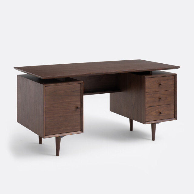 Quilda Walnut Veneer Vintage Double Drawer Desk - image 1