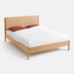 Ora Oak, Oak Veneer and Woven Rattan Bed with Bed Base