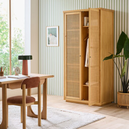 Gabin Solid Pine & Rattan 2-Door Wardrobe - thumbnail 3