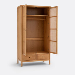 Gabin Solid Pine & Rattan 2-Door Wardrobe - thumbnail 3