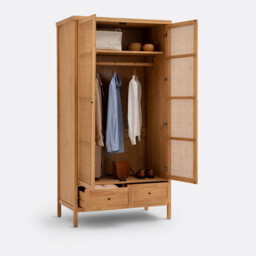 Gabin Solid Pine & Rattan 2-Door Wardrobe - thumbnail 4