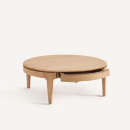 Sanara Solid/Veneer Oak Round Coffee Table with 2 Drawers - thumbnail 3