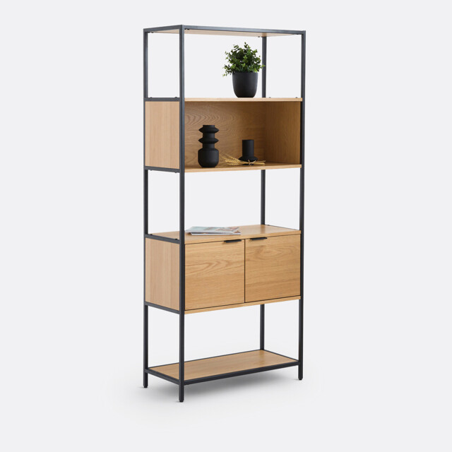 Volga Modular Bookcase with 1 Compartment and 2 Doors in Oak Veneer - image 1