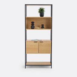 Volga Modular Bookcase with 1 Compartment and 2 Doors in Oak Veneer - thumbnail 2