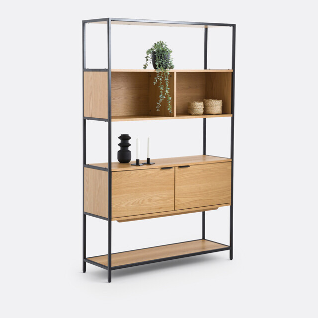 Volga Modular Bookcase with 2 Compartments and 2 Doors in Oak Veneer - image 1