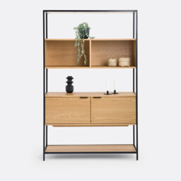Volga Modular Bookcase with 2 Compartments and 2 Doors in Oak Veneer - thumbnail 2