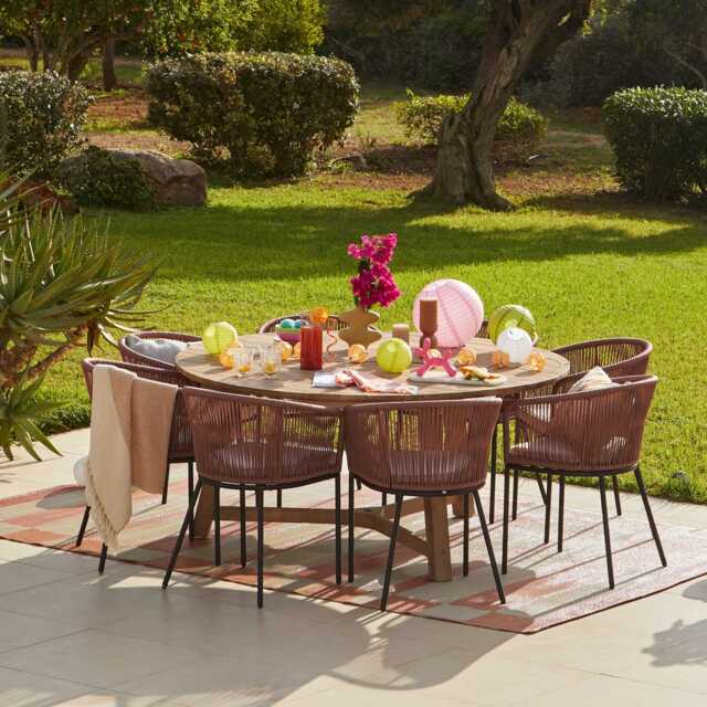 Shiro 8 Seater Wooden Round Dining Table with 8 Hali Pink Rope Chairs - image 1