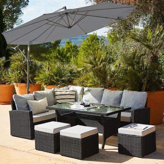 Aston 9 Seater Rattan Garden Corner Sofa Set with Grey Lean Over Parasol - Black Weave - image 1