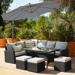 Aston 9 Seater Rattan Garden Corner Sofa Set with Grey Lean Over Parasol - Black Weave - thumbnail 1