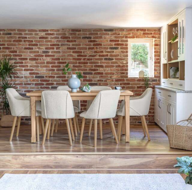Ella 160cm Pale Oak Dining Table Set - 6 Seater - 4 Freya Dining Chairs with  2 Freya Armchairs - Light Beige with Pale Oak Legs - image 1
