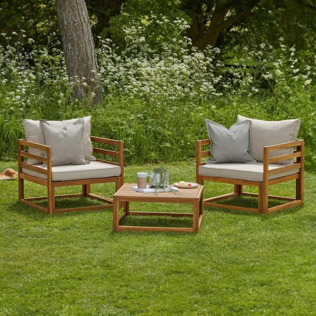 Rowan Wooden Garden 2 Armchairs & Coffee Table - Sand