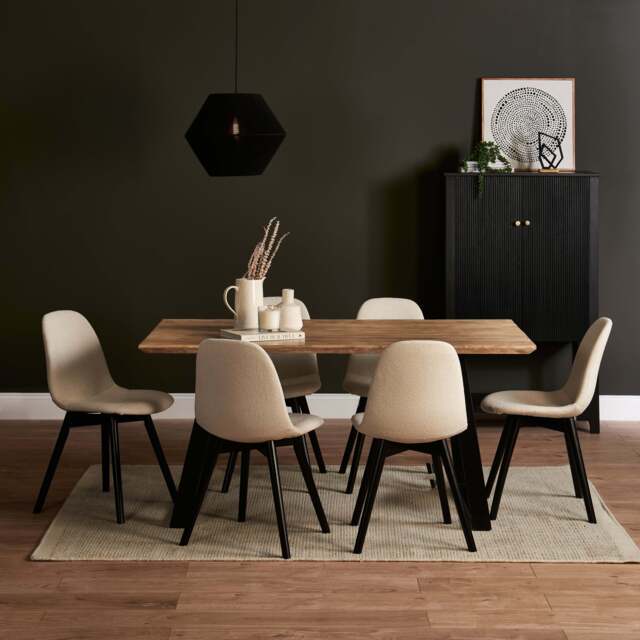 Atlas Chalked Mango Wood Dining Table Set - 6 Seater - Ellis Light Beige Boucle Dining Chairs - Black Oak Legs - image 1