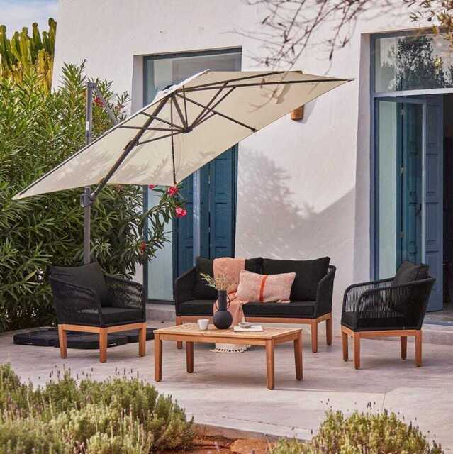 Eaden Rope Garden Conversation Set with Cream LED Premium Cantilever Parasol - Black - image 1