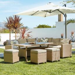 Aston 9 Seater Rattan Corner Sofa Set with Cream Lean Over Parasol with Polywood Table Top - Natural Brown - thumbnail 1