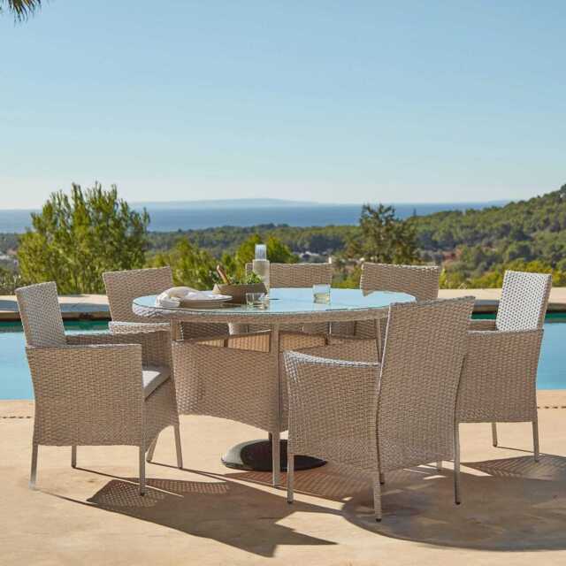 Kemble 6 Seater Round Rattan Garden Dining Set with Kemble/Marston Dining Chairs - Light Grey - image 1