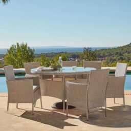 Kemble 6 Seater Round Rattan Garden Dining Set with Kemble/Marston Dining Chairs - Light Grey - thumbnail 1