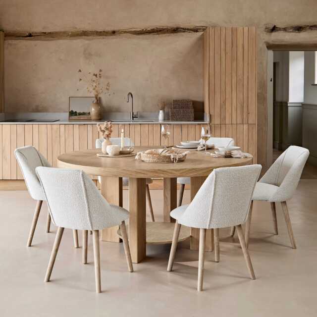 Marlon Whitewash Oak Round Dining Table Set - 6 Seater - Freya Oat Boucle Dining Chairs - Whitewash Oak Legs - image 1