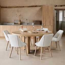 Marlon Whitewash Oak Round Dining Table Set - 6 Seater - Freya Oat Boucle Dining Chairs - Whitewash Oak Legs