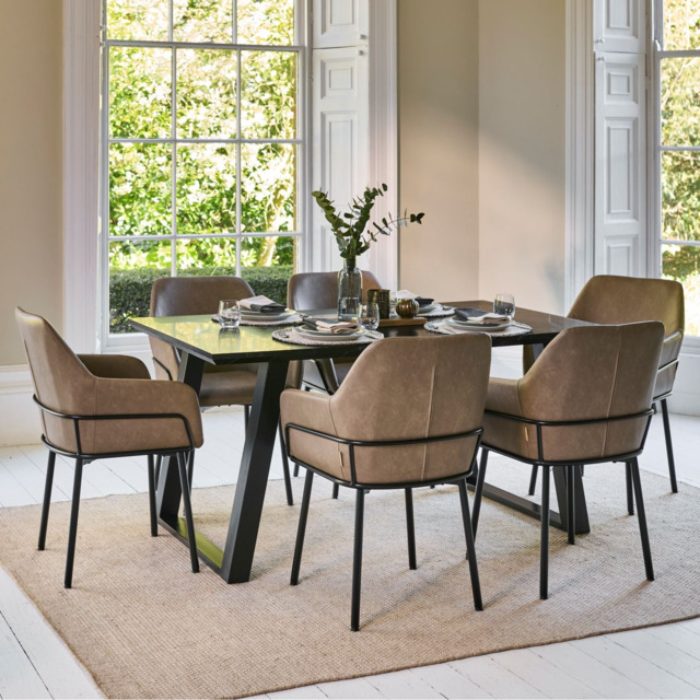 Atlas 160cm Black Marble Veneer Dining Table Set - 6 Seater - Reagan Faux Leather Dining Armchairs - Almond Brown - image 1