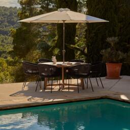 Shiro 6 Seater Wooden Round Garden Dining Table with 6 Hali Black Rope Chairs & Cream Parasol - 160cm - thumbnail 1