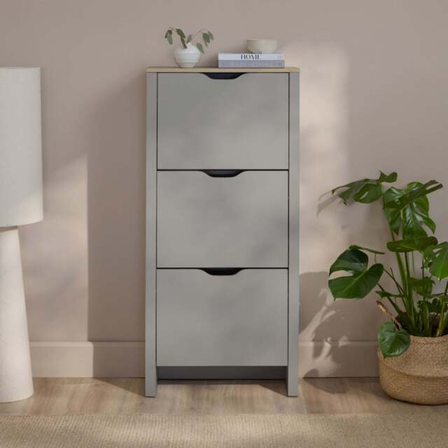 Windsor 60cm Three Door Shoe Cabinet - Pale Grey with Coastal Oak Top - image 1