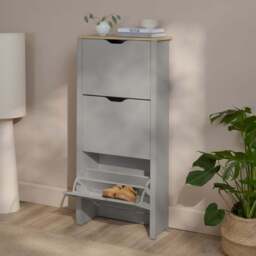 Windsor 60cm Three Door Shoe Cabinet - Pale Grey with Coastal Oak Top - thumbnail 3