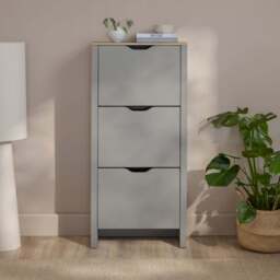 Windsor 60cm Three Door Shoe Cabinet - Pale Grey with Coastal Oak Top - thumbnail 1