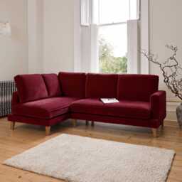 Gillian 3 Seater Large Corner Sofa - Burgundy Red Velvet with Dark Oak Legs - thumbnail 1