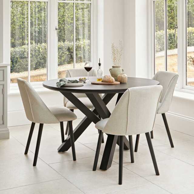 Layra Kitchen Table Levi Black Round Dining Table Set - 4 Seater - Freya Sand Dining Chairs ...