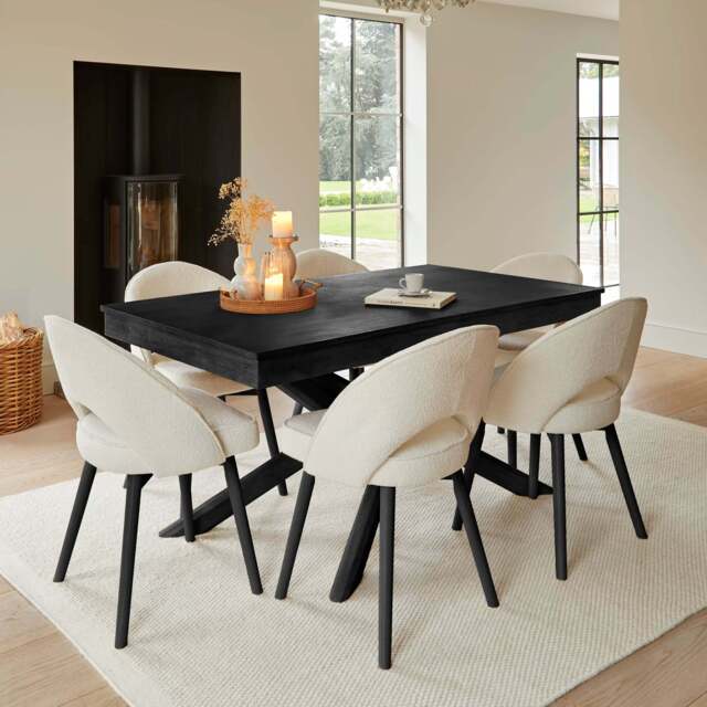 Amelia Black Extendable Dining Table Set - 6 Seater - Marilyn Boucle Dining Chairs - Black Legs - image 1