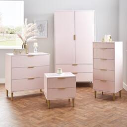 Set-Gloria Bedside Table - 3 Drawer Chest - Tallboy & Wardrobe - Blush Pink - thumbnail 1