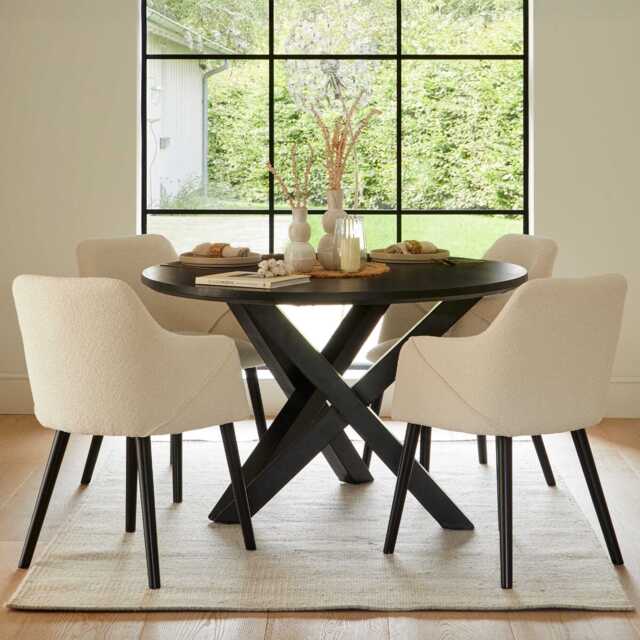 Levi Black Round Dining Table Set - 4 Seater - Freya Boucle Armchairs with Black Legs - image 1
