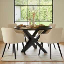 Levi Black Round Dining Table Set - 4 Seater - Freya Boucle Armchairs with Black Legs