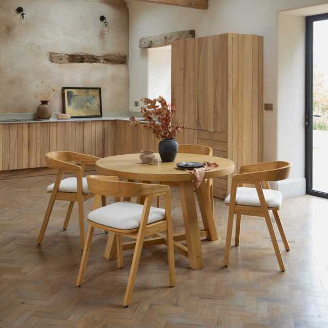 Charlotte Pale Oak Round Dining Table Set - 4 Seater - Ella Pale Oak Carver Chair - Off White Boucle - image 1