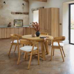 Charlotte Pale Oak Round Dining Table Set - 4 Seater - Ella Pale Oak Carver Chair - Off White Boucle - thumbnail 1