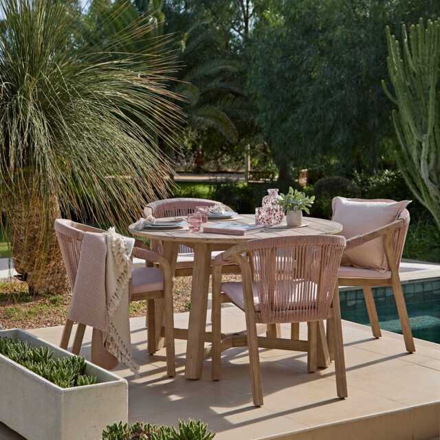 Shiro 4 Seater Round Wooden Garden Dining Set with Shiro Pink Rope Dining Chairs - 120cm - image 1