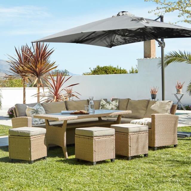 Aston 9 Seater Rattan Corner Sofa Set with Grey Lean Over Parasol with Polywood Table Top - Natural Brown - image 1